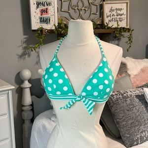 Victoria Secret Bikini Top Swimsuit Polka Dot Medium Green White  Tie Back
